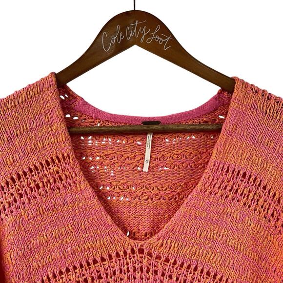 Free People Sweater Tunic Pink Orange Knitted V Neck Oversized XS - Picture 2 of 7